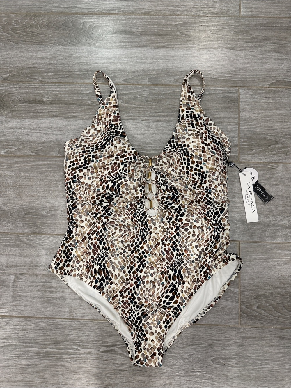 La Blanca Neutral Animal-Print One-Piece Swimsuit with Gold Accents size 18W